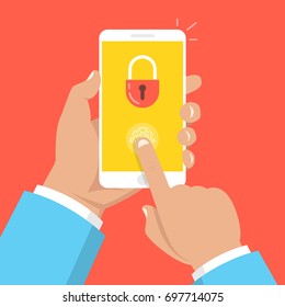 Hand holding smartphone with lock on the screen. Mobile security concept. Flat cartoon style. Vector illustration.
