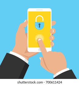 Hand holding smartphone with lock on the screen. Mobile security concept. Flat cartoon style. Vector illustration.
