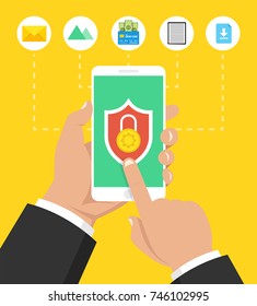Hand holding smartphone with lock on the screen. Mobile security concept. Icons set. Vector illustration.