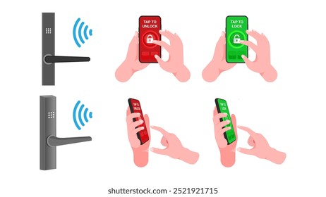 Hand Holding Smartphone to Lock and Unlock Smart Door Locks: Keyless Entry and Exit with Mobile Credentials, Bluetooth, and NFC Technology. Vector.