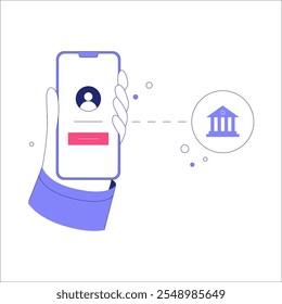 Hand Holding Smartphone With Login Screen And Bank Icon In Flat Vector Illustration Symbolizing Online Banking And Account Management, Isolated On White Background.