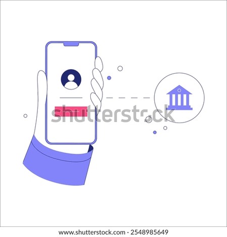 Hand Holding Smartphone With Login Screen And Bank Icon In Flat Vector Illustration Symbolizing Online Banking And Account Management, Isolated On White Background.