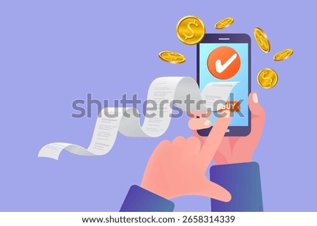Hand holding a smartphone with a long paperless receipt flowing from the screen. A concept of mobile payment, digital invoice, and e-receipts.