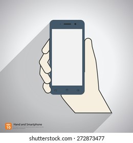 Hand holding smartphone with long shadow - vector illustration cartoon