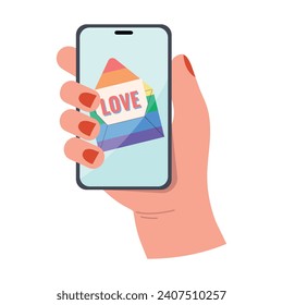 Hand holding smartphone with love letter. Vector illustration in flat style.