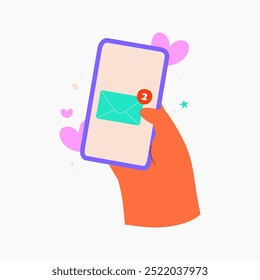 Hand holding smartphone with love message notification, symbolizing romance and connection through digital communication. Ideal for texting and relationship themes. Flat vector illustration