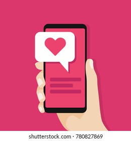 Hand holding smartphone with love message on screen. Social network concept. vector
