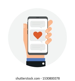 Hand holding smartphone with love messages on screen, vector and illustration.