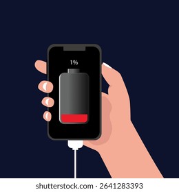 Hand holding  smartphone with low battery icon showing up on the device screen,Empty battery, with isolated  background vector illustration.