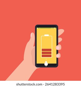 Hand holding  smartphone with low battery icon showing up on the device screen,Empty battery, with isolated  background vector illustration.