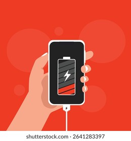 Hand holding  smartphone with low battery icon showing up on the device screen,Empty battery, with isolated  background vector illustration.