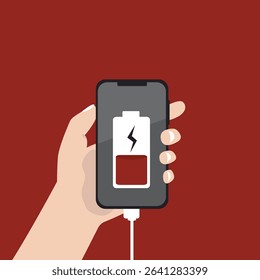Hand holding  smartphone with low battery icon showing up on the device screen,Empty battery, with isolated  background vector illustration.
