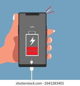 Hand holding  smartphone with low battery icon showing up on the device screen,Empty battery, with isolated  background vector illustration.