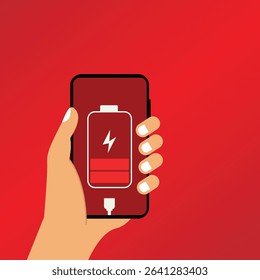 Hand holding  smartphone with low battery icon showing up on the device screen,Empty battery, with isolated  background vector illustration.