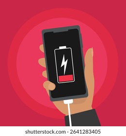 Hand holding  smartphone with low battery icon showing up on the device screen,Empty battery, with isolated  background vector illustration.