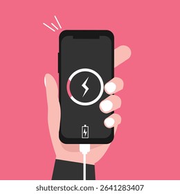 Hand holding  smartphone with low battery icon showing up on the device screen,Empty battery, with isolated  background vector illustration.