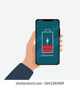 Hand holding  smartphone with low battery icon showing up on the device screen,Empty battery, with isolated  background vector illustration.