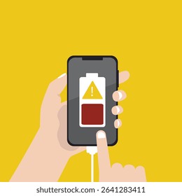 Hand holding  smartphone with low battery icon showing up on the device screen,Empty battery, with isolated  background vector illustration.