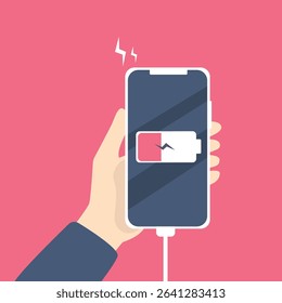 Hand holding  smartphone with low battery icon showing up on the device screen,Empty battery, with isolated  background vector illustration.