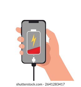 Hand holding  smartphone with low battery icon showing up on the device screen,Empty battery, with isolated  background vector illustration.