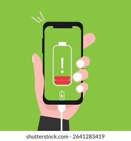 Hand holding  smartphone with low battery icon showing up on the device screen,Empty battery, with isolated  background vector illustration.