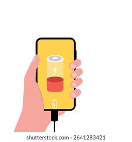 Hand holding  smartphone with low battery icon showing up on the device screen,Empty battery, with isolated  background vector illustration.