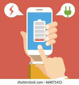 Hand holding smartphone with low battery on the screen. Flat vector illustration.