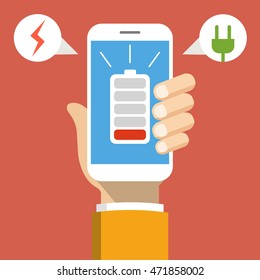 Hand Holding Smartphone With Low Battery On The Screen. Flat Vector Illustration.