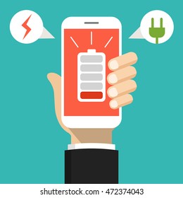 Hand Holding Smartphone With Low Battery On The Screen. Flat Vector Illustration.