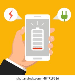 Hand holding smartphone with low battery on the screen. Flat vector illustration.