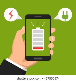 Hand holding smartphone with low battery on the screen. Flat vector illustration.