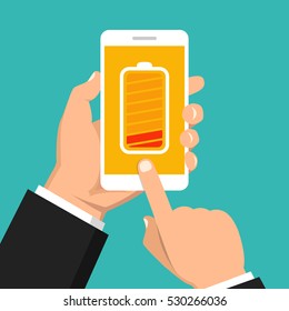 Hand holding smartphone with low battery on the screen. Flat vector illustration.