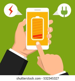 Hand holding smartphone with low battery on the screen. Flat vector illustration.