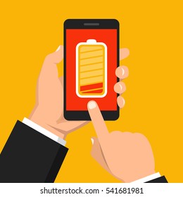 Hand holding smartphone with low battery on the screen. Flat vector illustration.