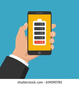Hand holding smartphone with low battery on the screen. Flat cartoon style. Vector illustration.