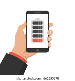 Hand holding smartphone with low battery on the screen. Flat cartoon style. Vector illustration.