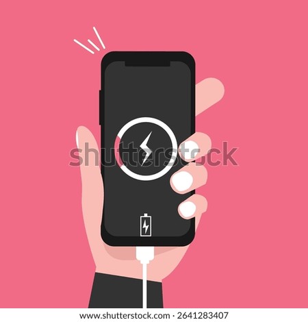 Hand holding  smartphone with low battery icon showing up on the device screen,Empty battery, with isolated  background vector illustration.