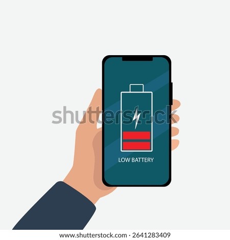 Hand holding  smartphone with low battery icon showing up on the device screen,Empty battery, with isolated  background vector illustration.