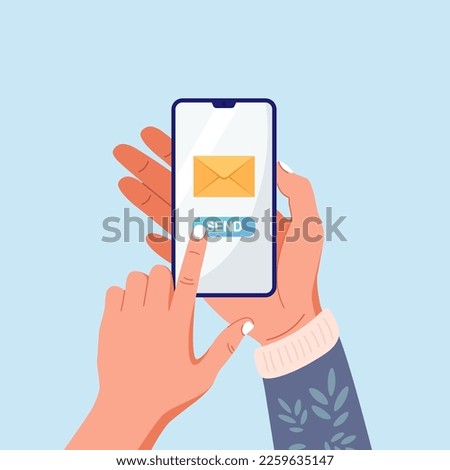 Hand holding smartphone with mail app. Mobile phone with envelope and send button on screen. Person sending letter by phone app. Man creates new email message, sms. Online marketing and business
