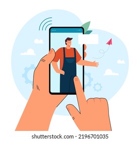 Hand holding smartphone with maintenance worker on screen. Person calling mechanic flat vector illustration. Technology, maintenance service, communication concept for banner or landing web page