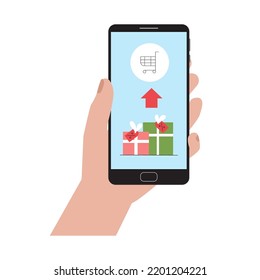 Hand holding smartphone, makes internet order. Sales and discounts of gifts for the New Year or Christmas holiday.Online shopping concept, flat style.Isolated.Vector illustration