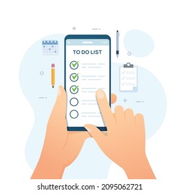 Hand Holding Smartphone make to do list para ilustración vectorial de actividad diaria