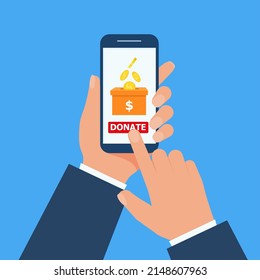 Hand holding smartphone and making online donation. Putting money in to the donation box in flat design. Eps 10