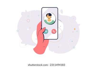Hand holding smartphone and making phone call flat vector illustration. Incoming call human hand holding cellphone. Incoming phone call on it. Hand holding a smart phone and the phone ringing tube
