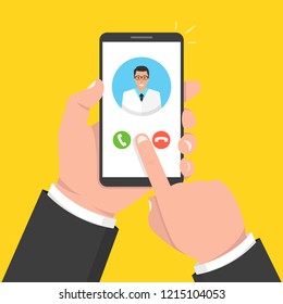 Hand holding smartphone with male doctor on call and an online consultation. Vector illustration.