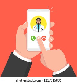 Hand holding smartphone with male doctor on call and an online consultation. Vector illustration.