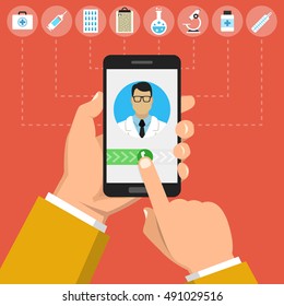 Hand holding smartphone with male doctor on call and an online consultation. Medical icons set. Vector flat illustration.