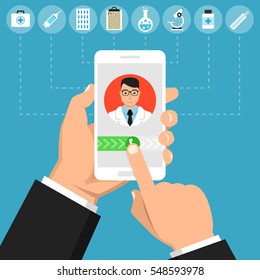 Hand holding smartphone with male doctor on call and an online consultation. Medical icons set. Vector flat illustration.