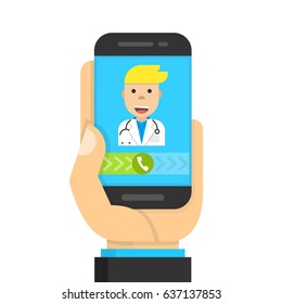 Hand holding smartphone with male doctor on call and an online consultation. Flat cartoon style. Vector illustration.