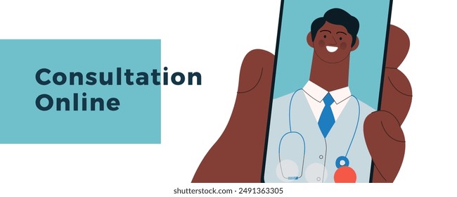 Hand Holding Smartphone with Male Medical Specialist on Smartphone Screen. Medical Insurance. Modern Flat Vector Illustration. Consultation Online. Website Banner, Landing Page Template.